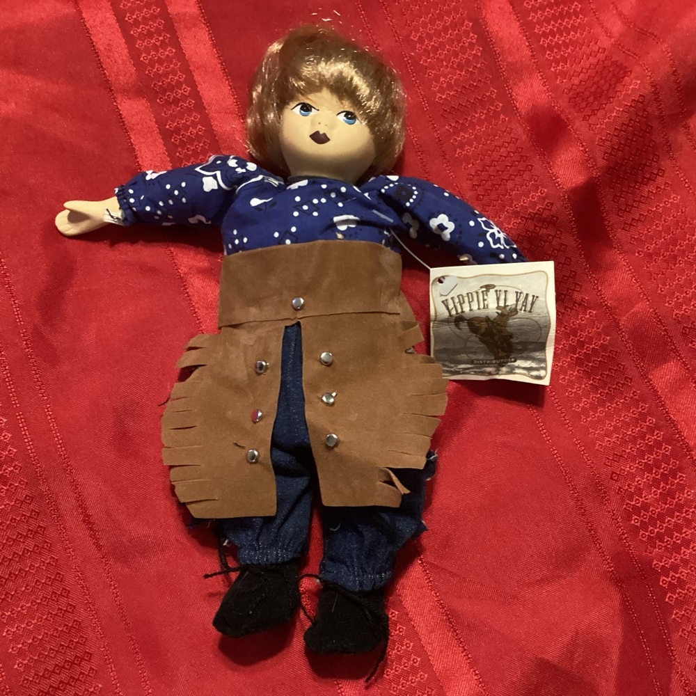 NWTS Yippie Yi Yay blonde cowgirl 10” porcelain head doll blue shirt, jeans/chap